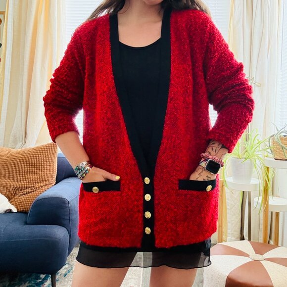 Vintage 90s Cathy Daniels Red Black Attached Cardigan Sweater | Size Large - Picture 4 of 13